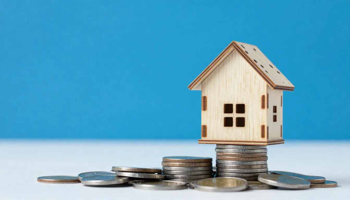 A small wooden house model on a stack of coins, blue backgro...