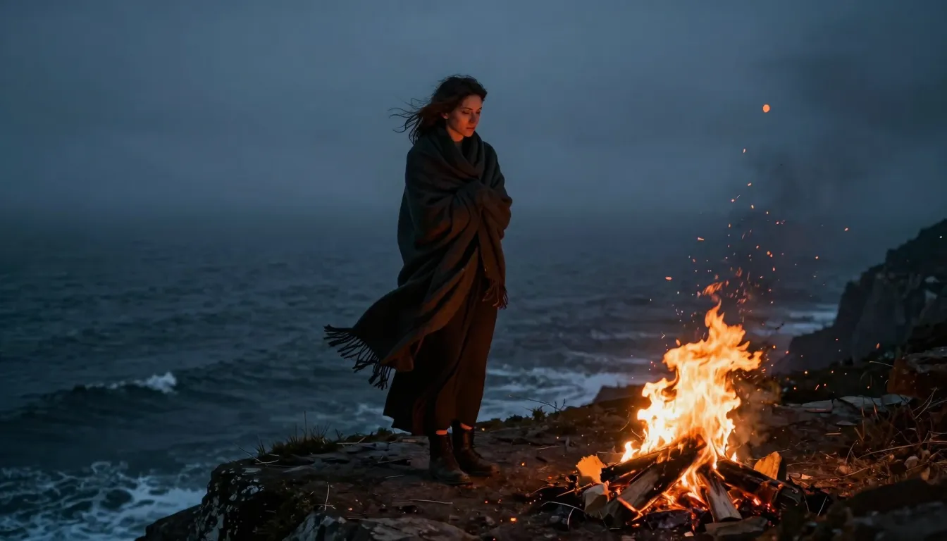 A lonely European woman wrapped in a dark shawl standing by ...