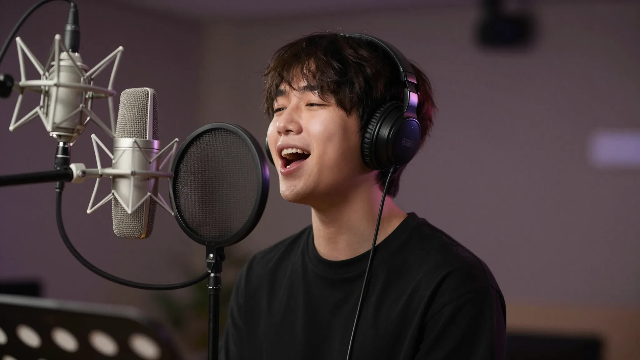 A young person singing with passion into a studio microphone...