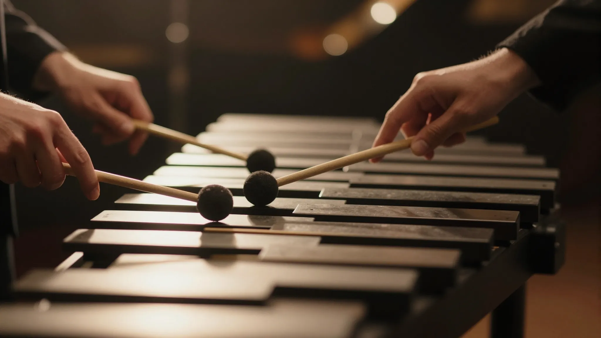Close up of a professional vibraphone with shiny metal bars,...