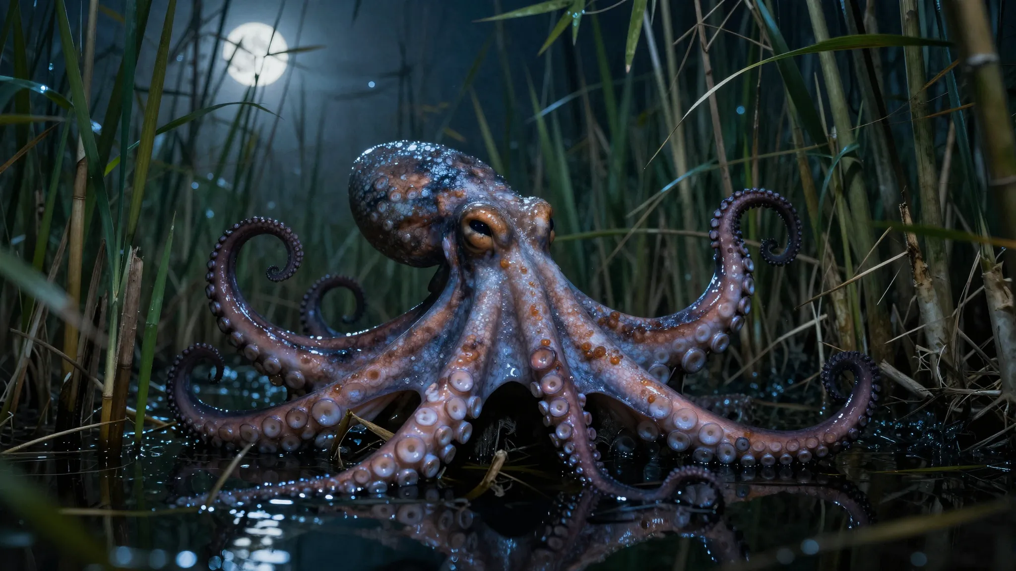 Mysterious octopus tentacles emerging from dense swamp reeds...