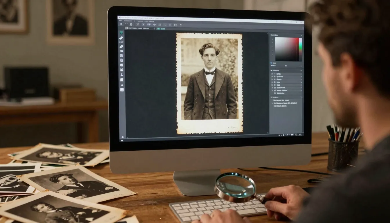 A professional photo restorer's desk with a modern computer ...
