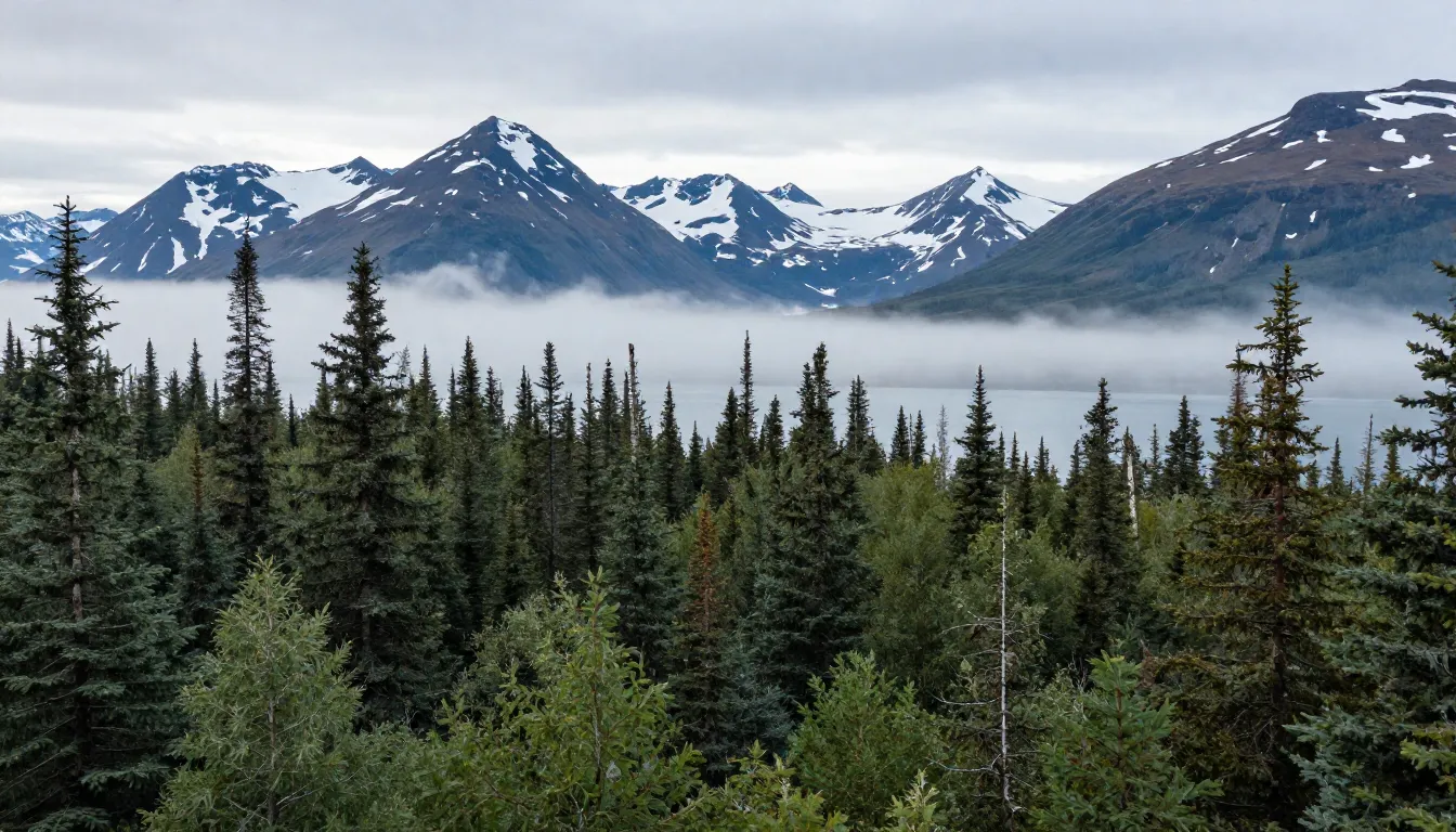 Breathtaking landscape of Cook Inlet Taiga in Alaska, dense ...