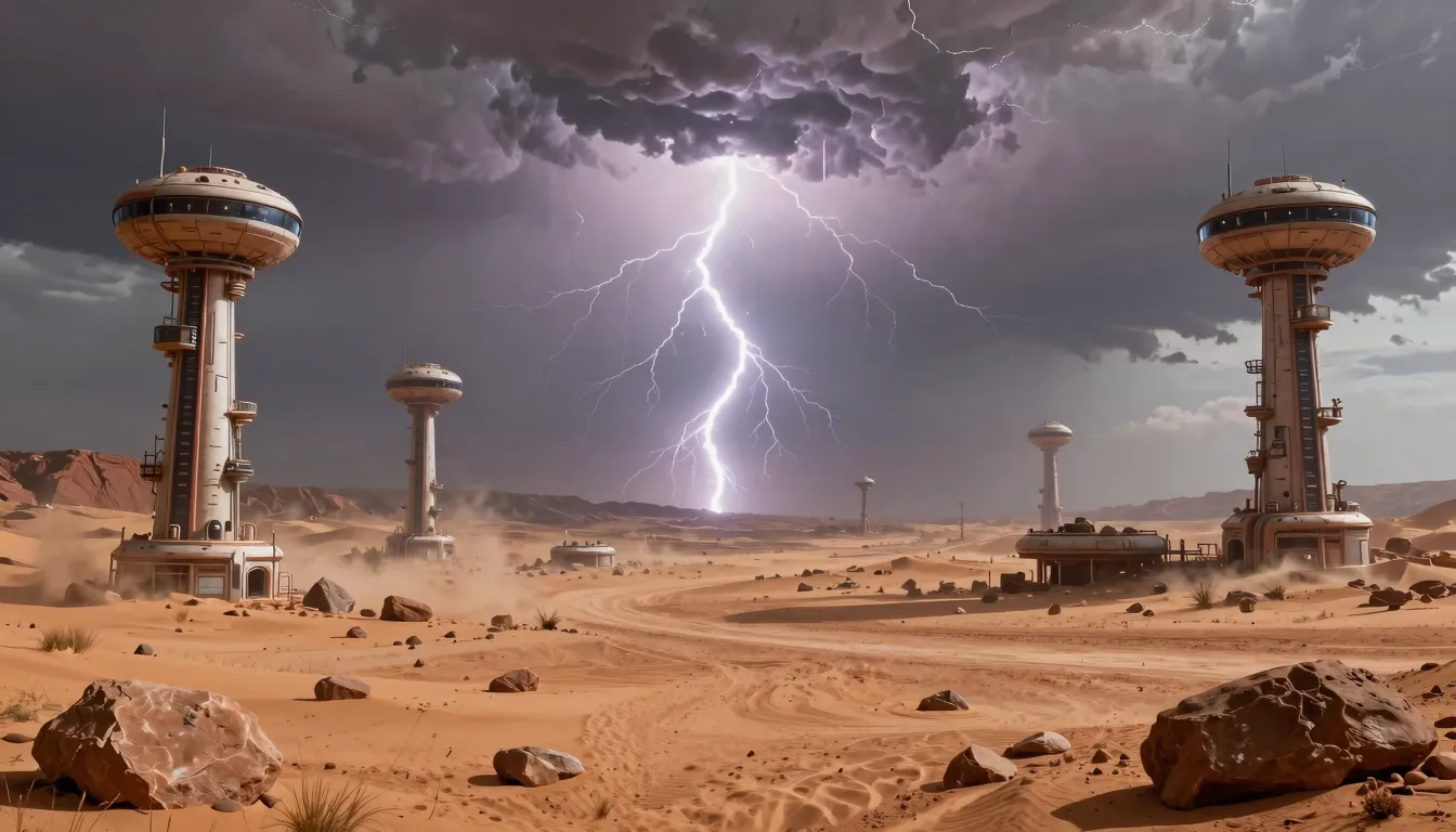 A vast clay and stone desert of the future. High-tech terraf...
