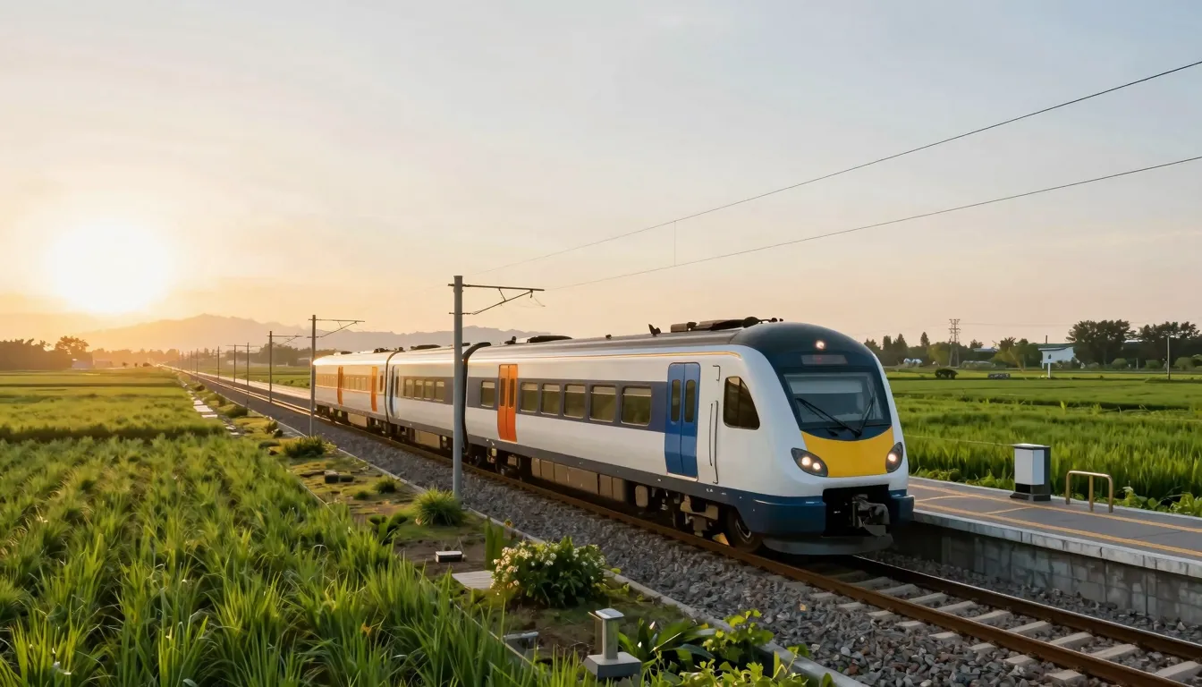 A wide shot of a modern train arriving at a small, clean sta...