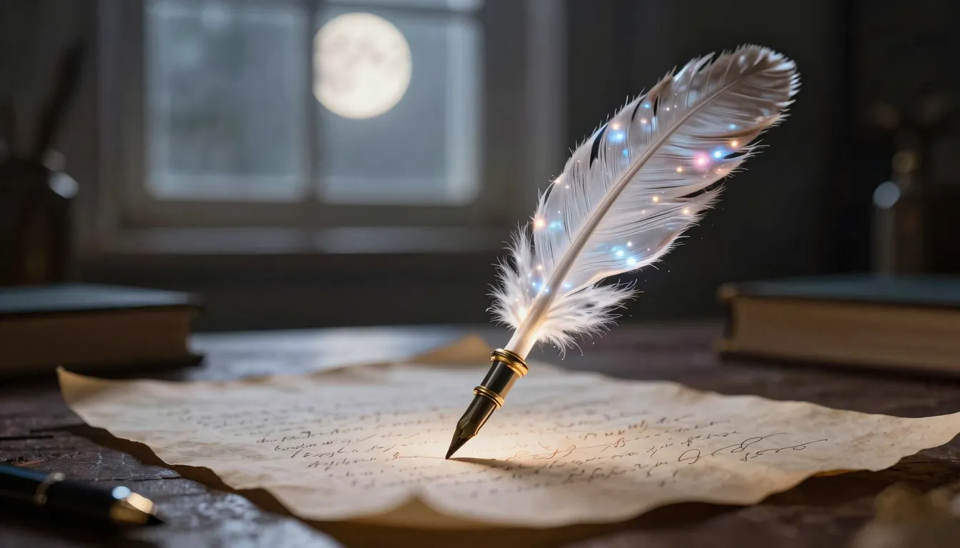 A magical glowing quill pen writing on a vintage parchment, ...