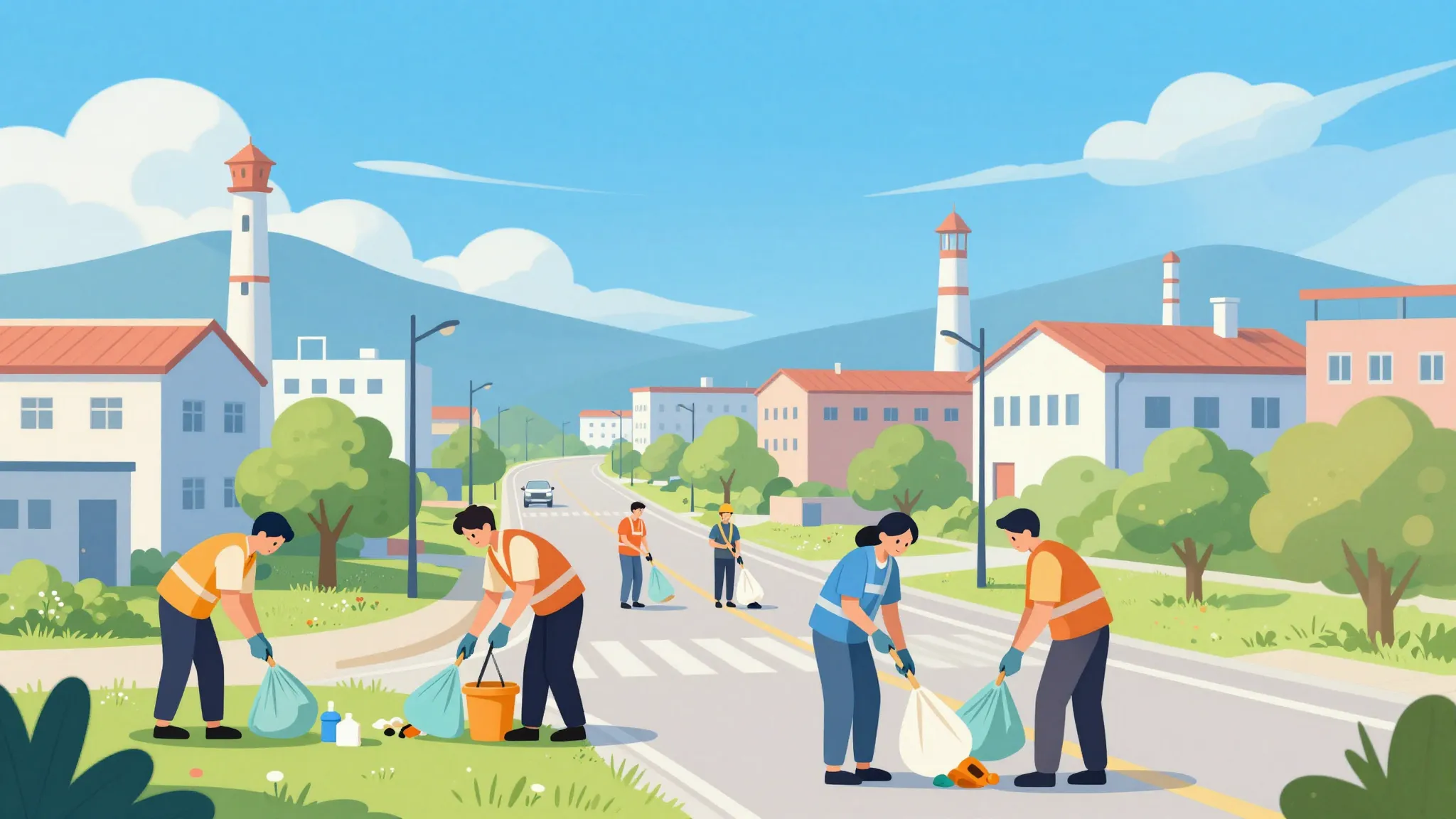 Energetic poster style illustration, people working together...