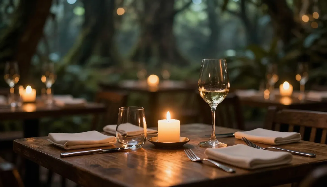 A close-up of a wooden table in a magical forest restaurant,...