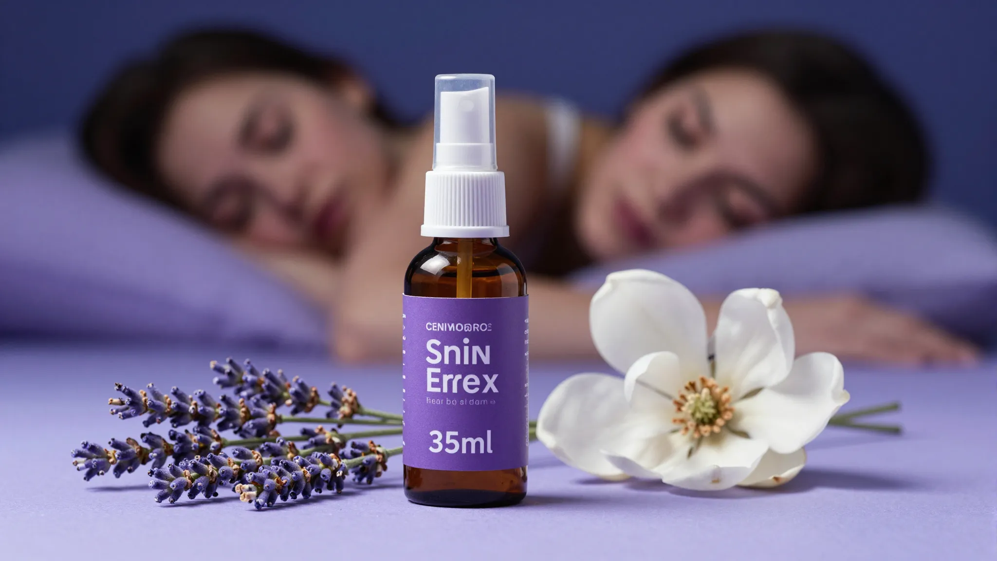 Professional product shot of a 35ml spray bottle for snoring...