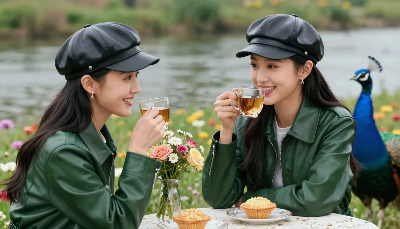 Two beautiful Chinese women with joyful smiles sitting at a ...