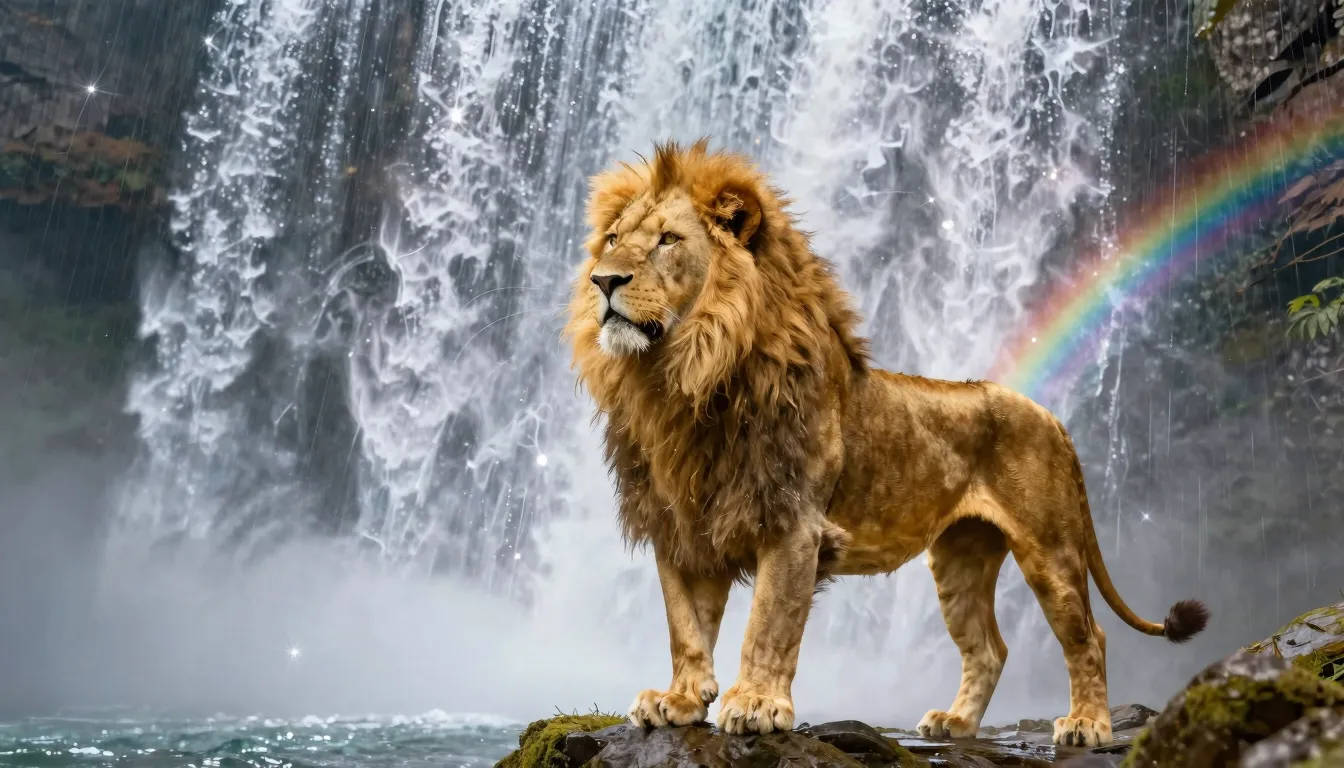 A powerful golden lion standing at the edge of a massive, gl...