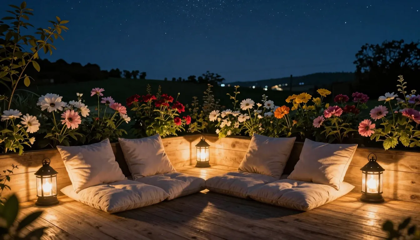 A cozy wooden terrace with soft pillows and lanterns, overlo...