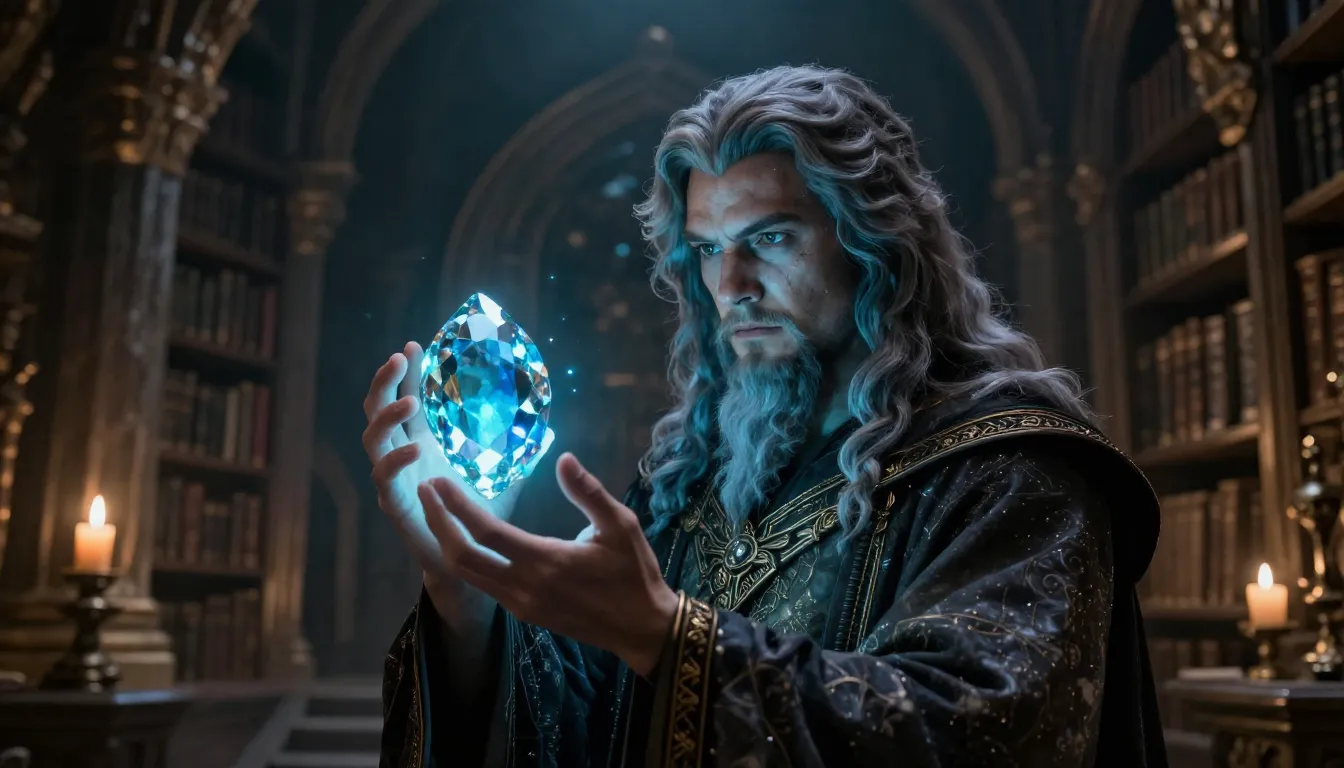 A mystical sorcerer holding a glowing gemstone, ancient libr...