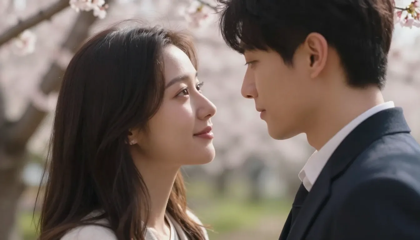 Cinematic close-up of a couple in a blooming sakura garden, ...
