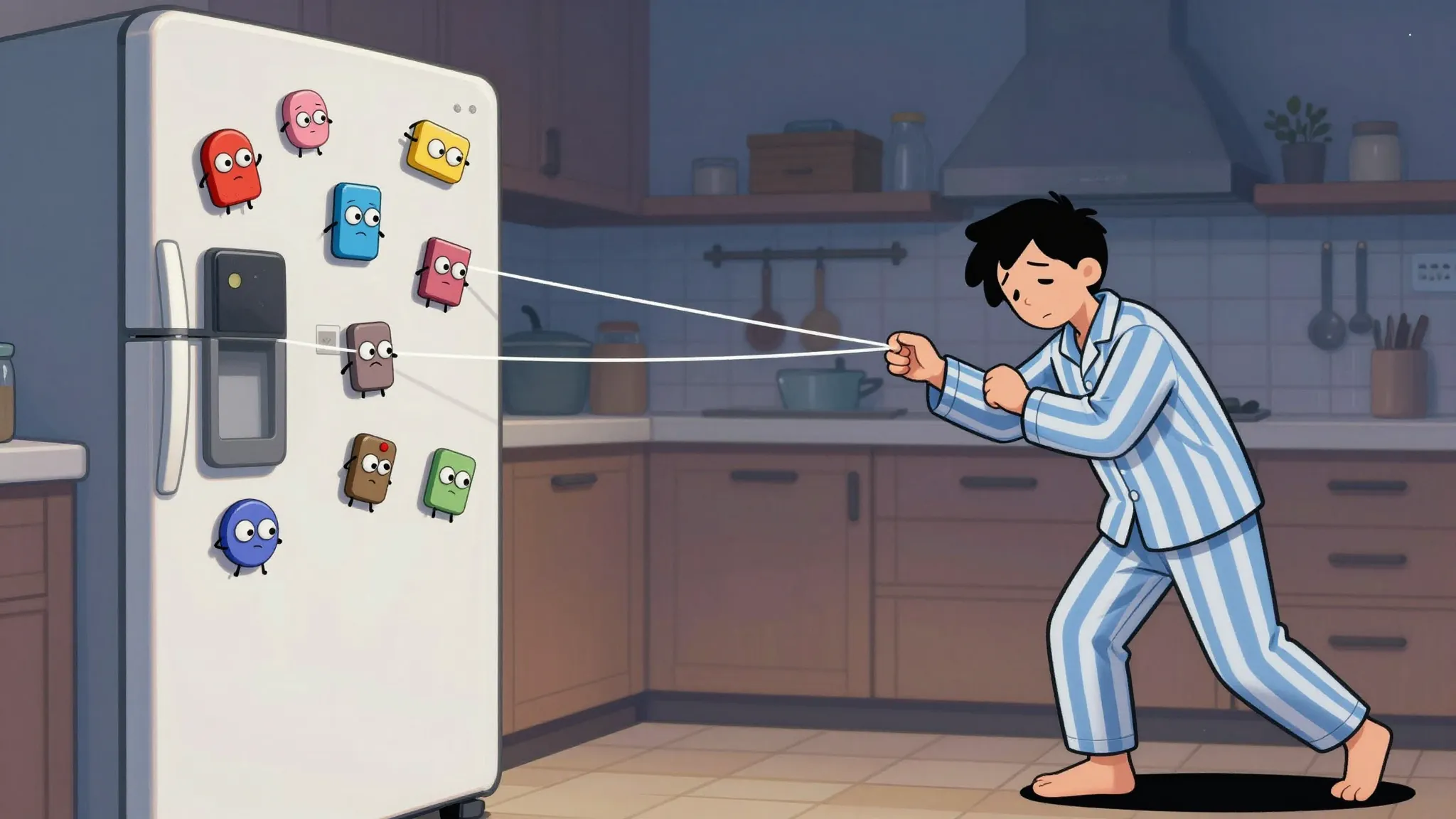A humorous cartoon illustration depicting a person in pajama...