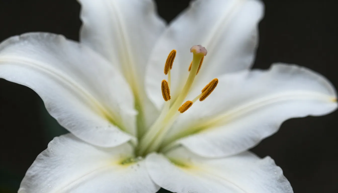 Macro photography of a white lily with golden stamens, soft ...