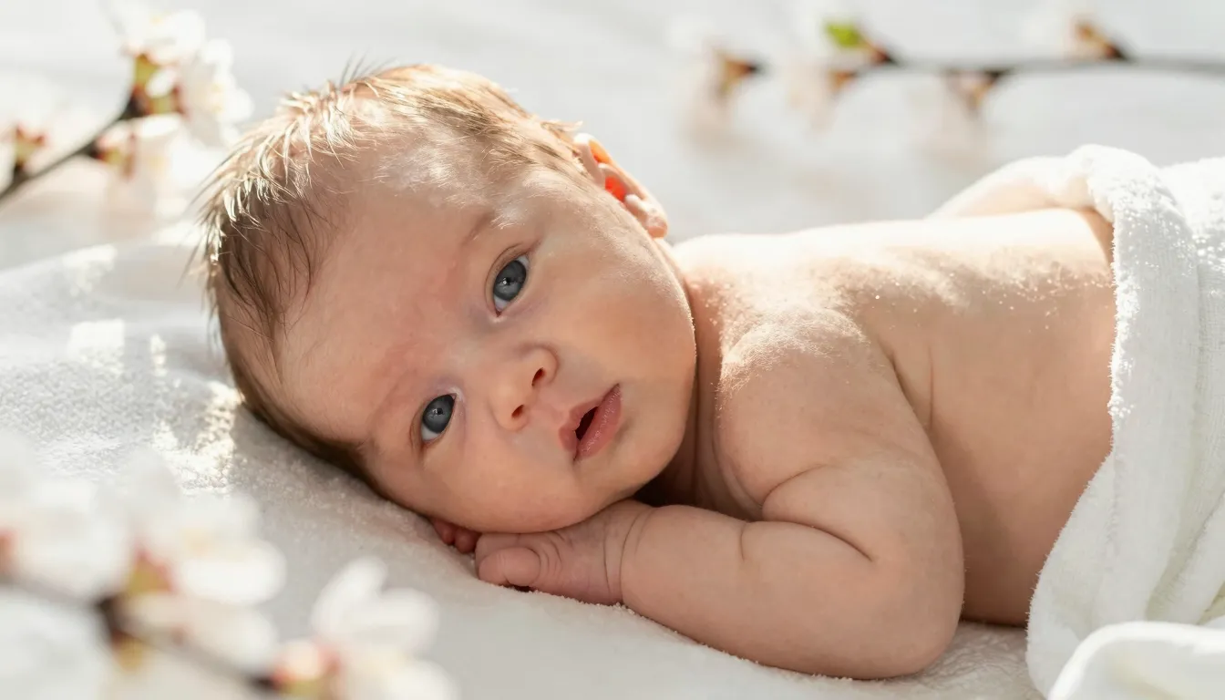 A newborn baby girl with gentle blue eyes lying in a soft wh...