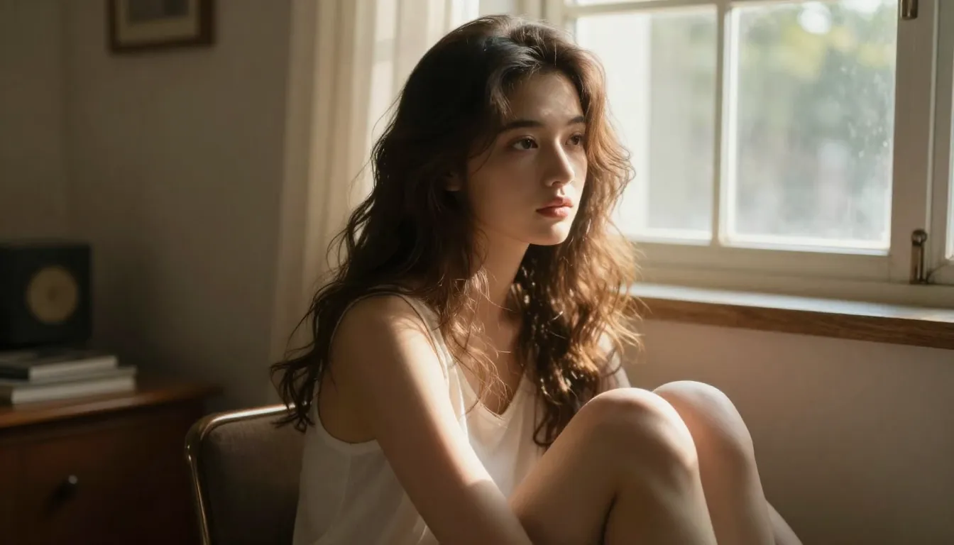 A beautiful young woman with natural wavy hair sitting by a ...