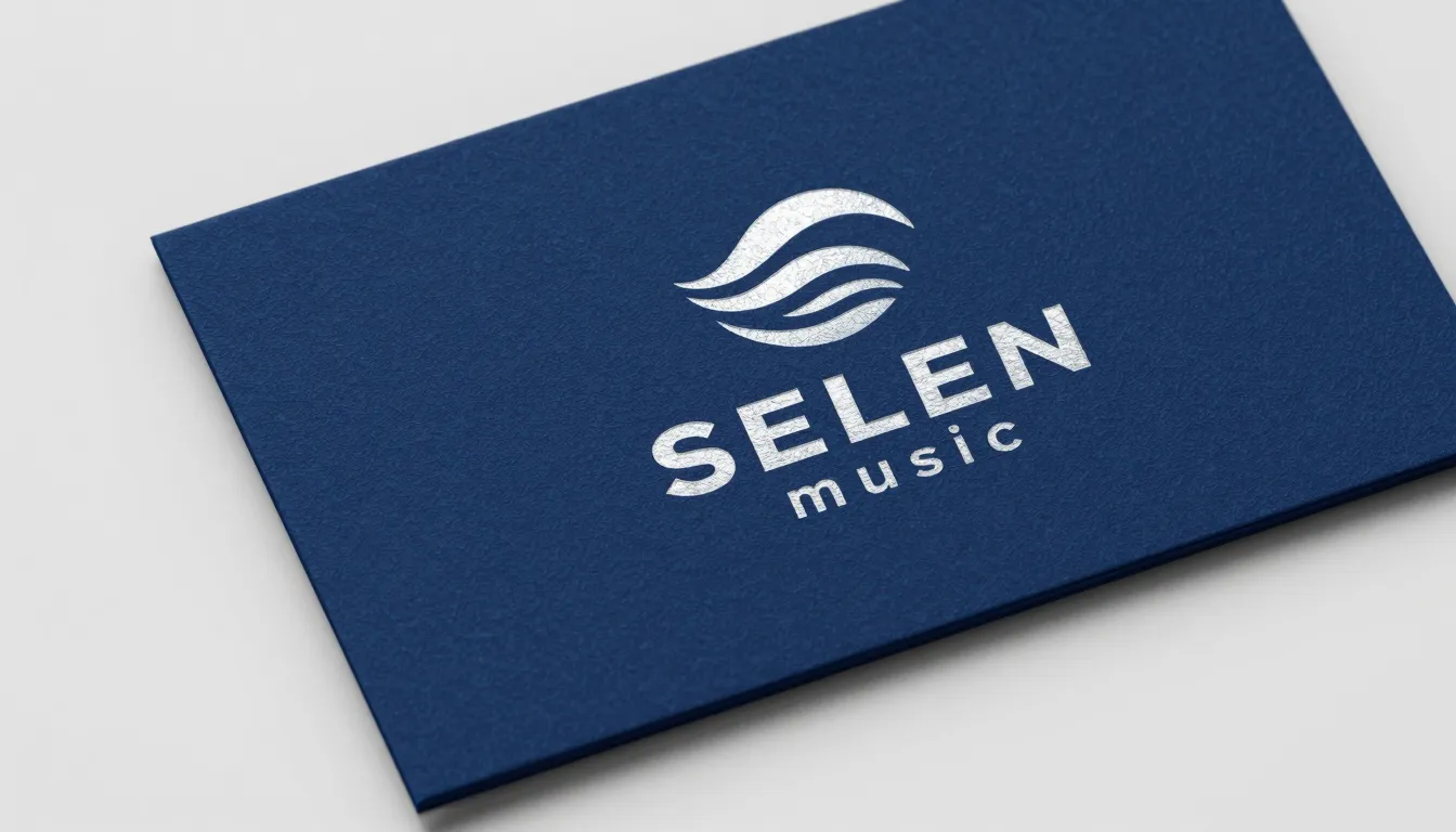 Premium business card mockup for 'SELEN music', deep blue ma...