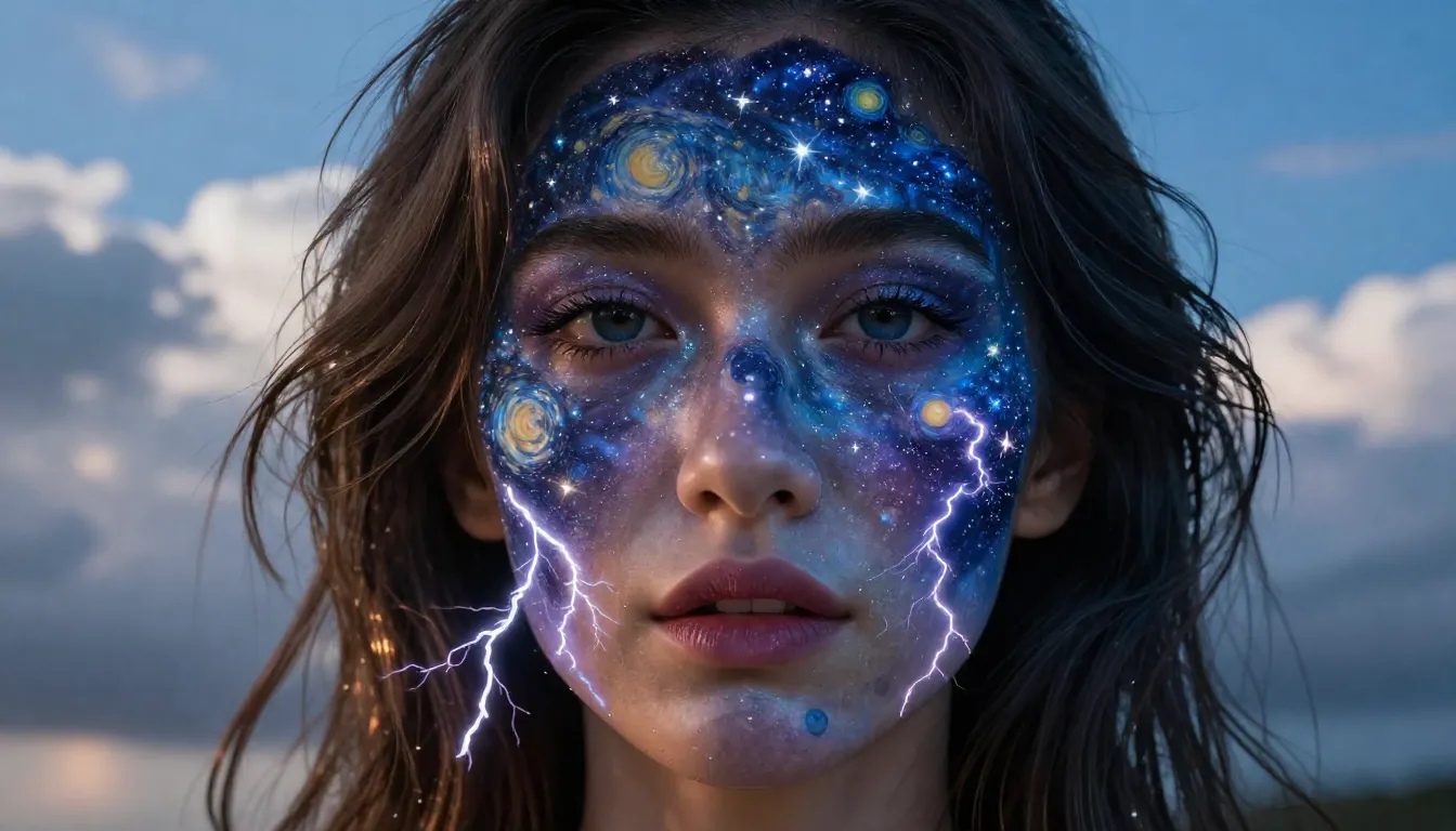 A close-up of a woman's face where her skin looks like a sta...