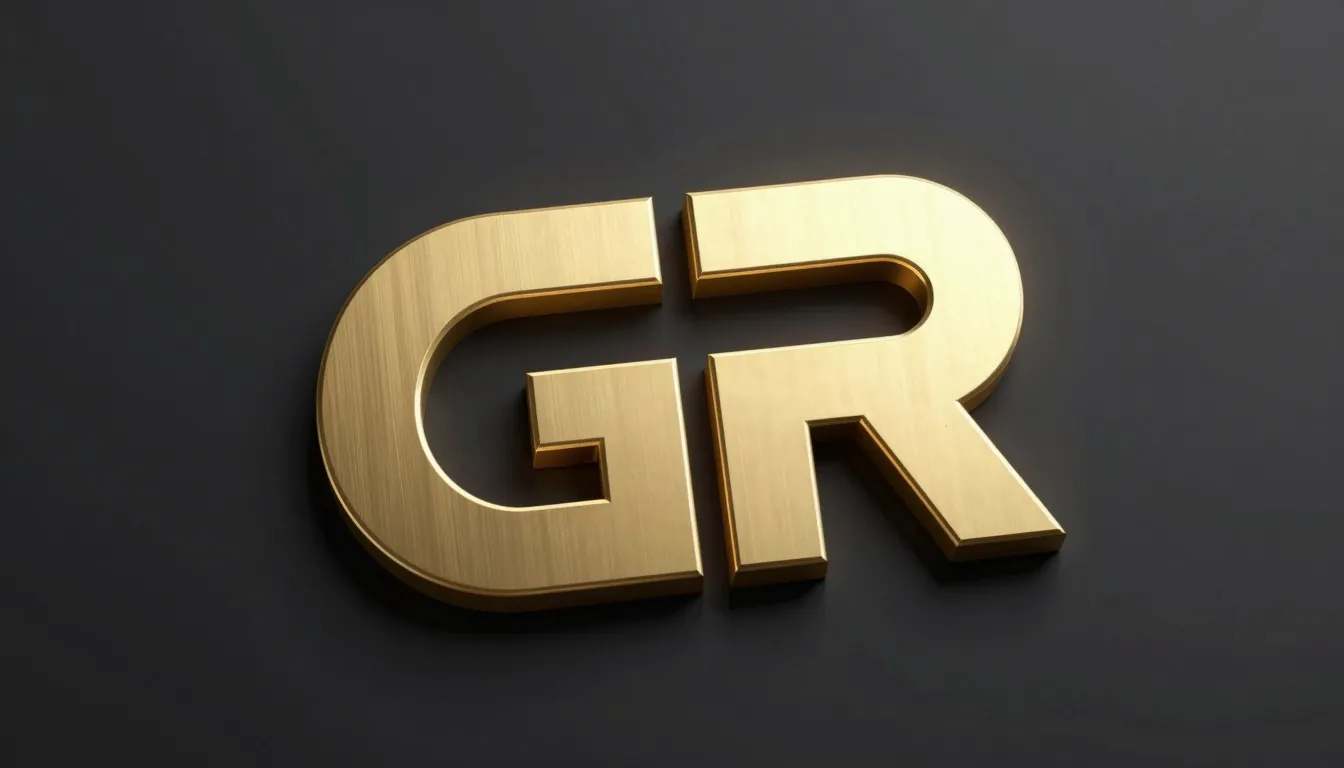 Modern 3D logo design, letters 'GR' in brushed gold, sharp c...