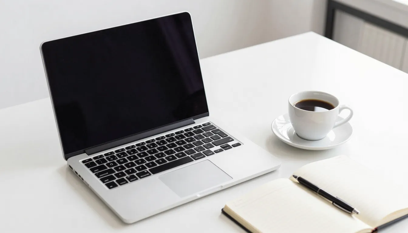A clean, modern office desk with a laptop, a cup of coffee, ...