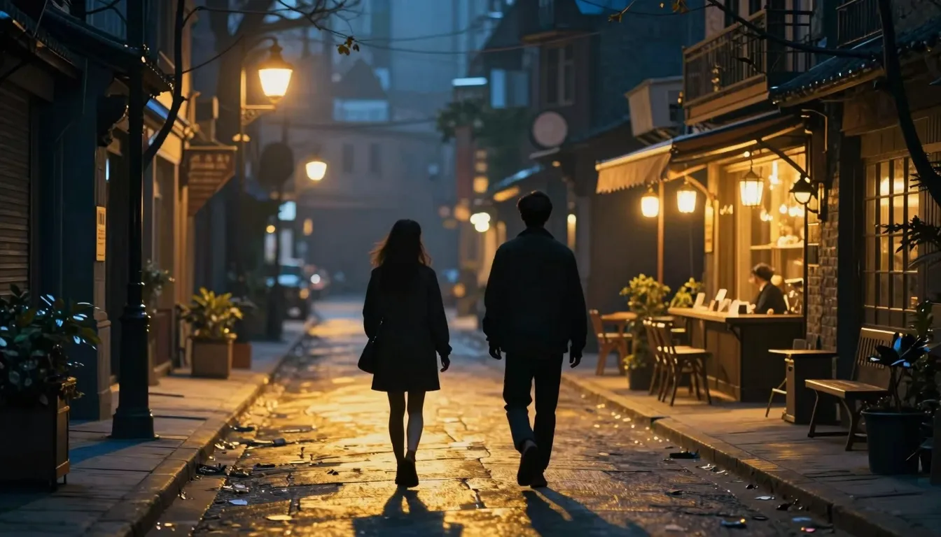 Two silhouettes walking on a glowing golden street in a dark...