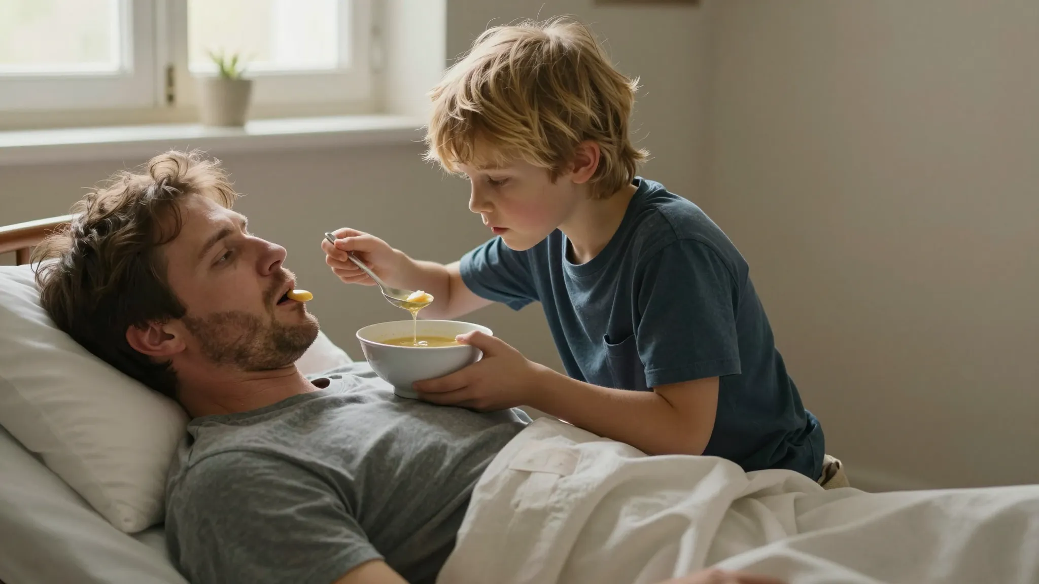 A 10-year-old boy with golden hair carefully feeding soup fr...