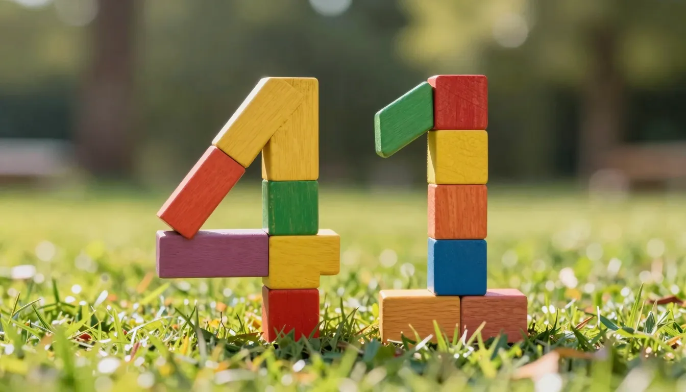 A large number 41 made of colorful wooden blocks on a green ...