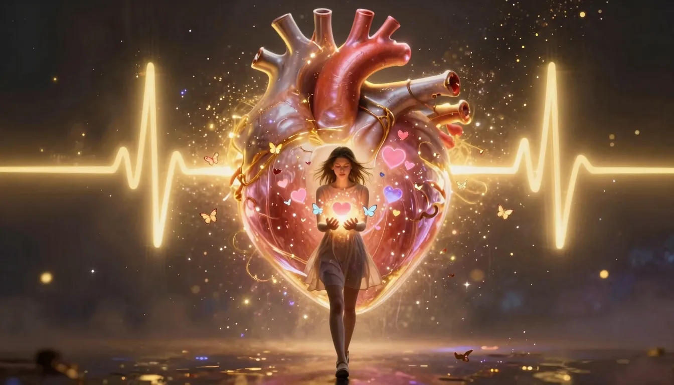 A giant pulsating heart in the background emitting waves of ...