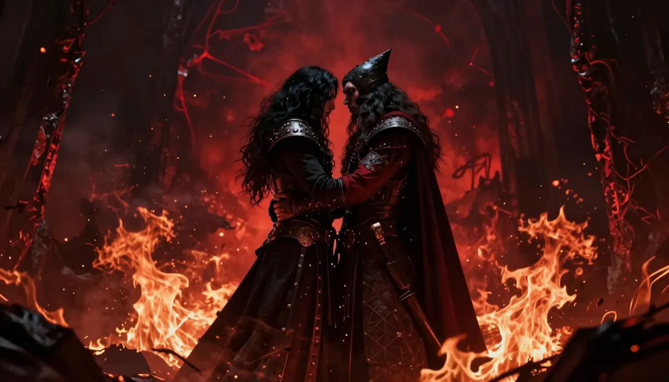 Gothic rock poster style, two powerful fantasy leaders embra...