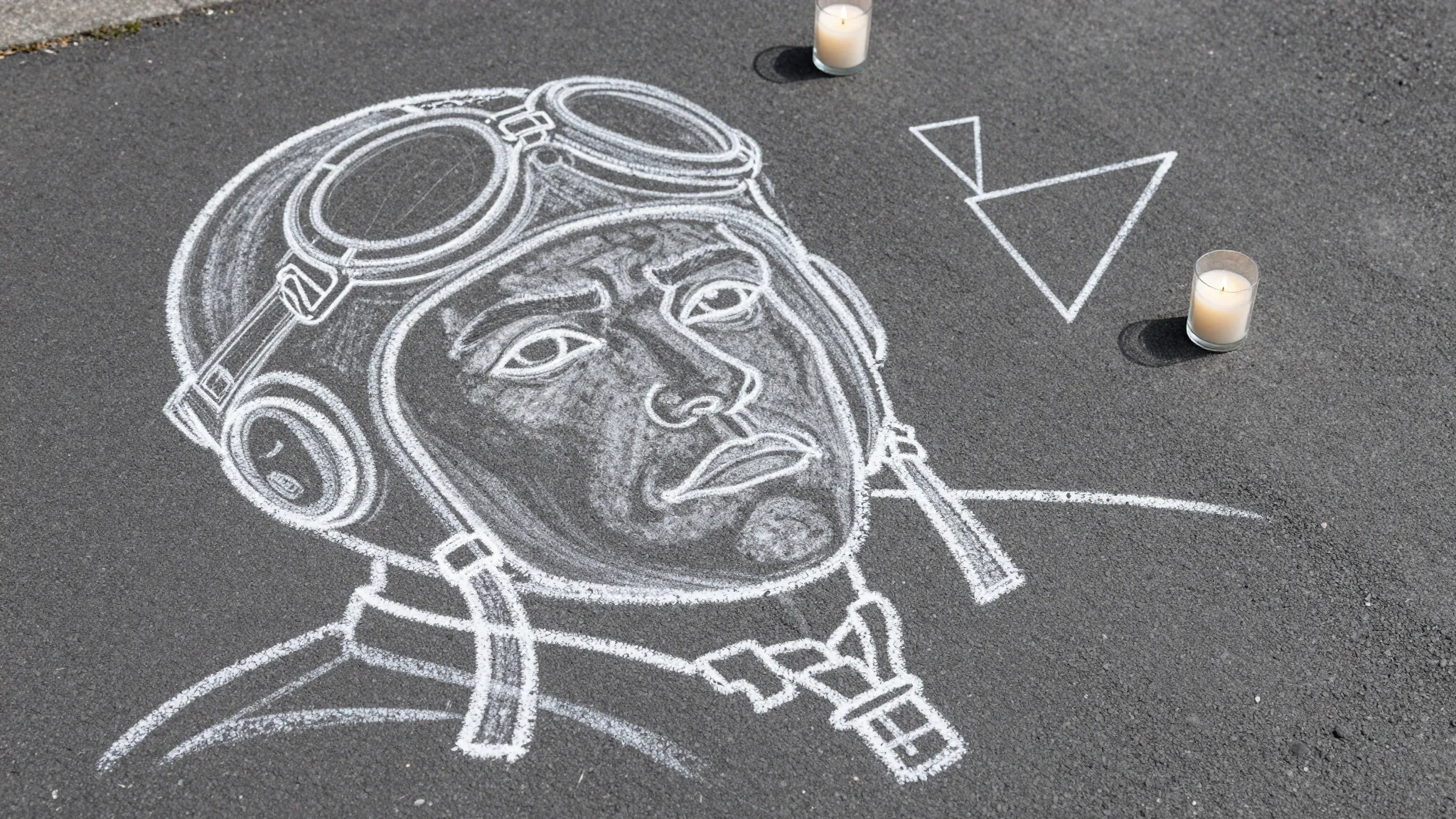 Technical blueprint for asphalt art, thick white chalk outli...