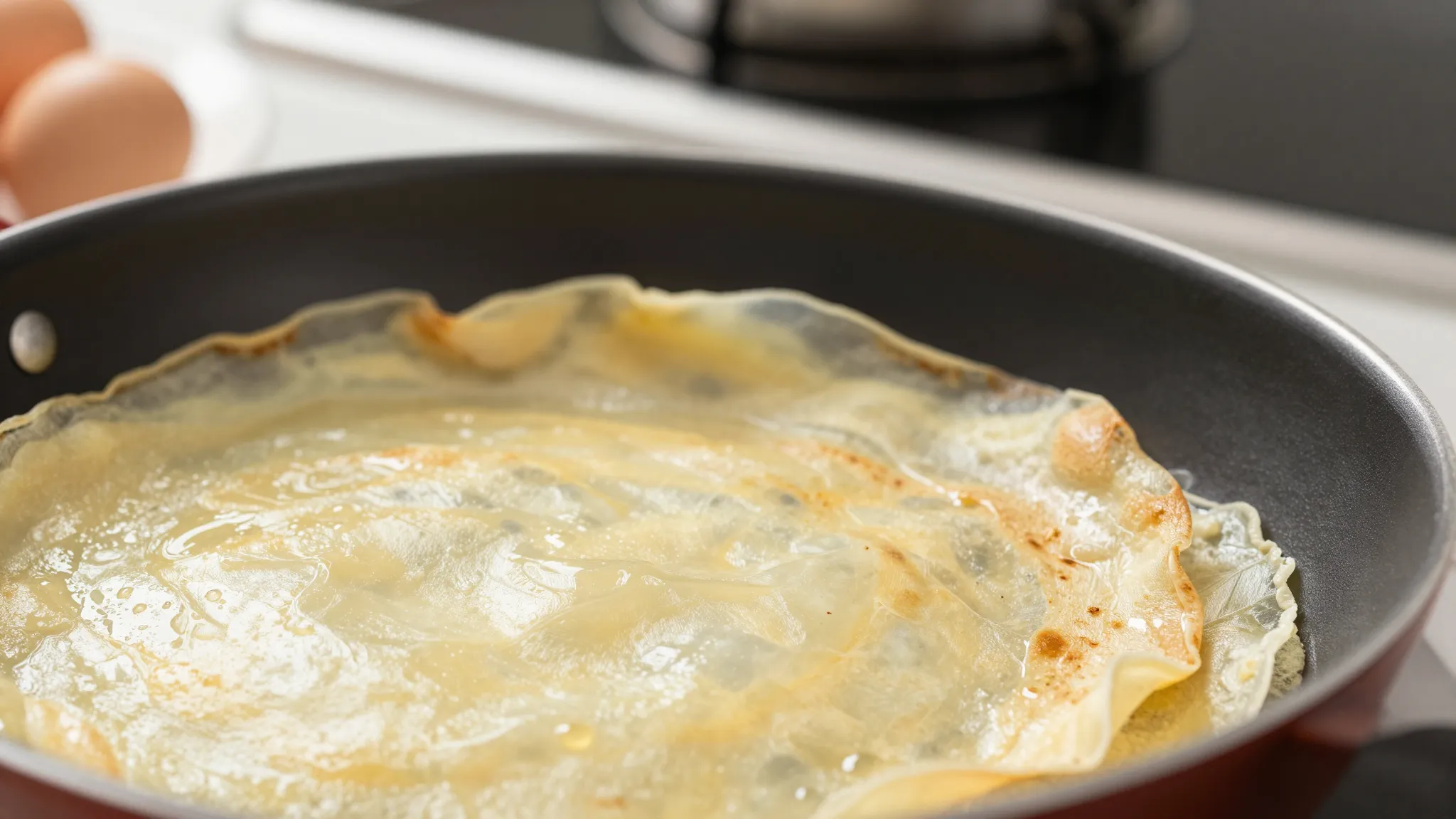 Close-up of a thin, golden, translucent egg crepe being lift...