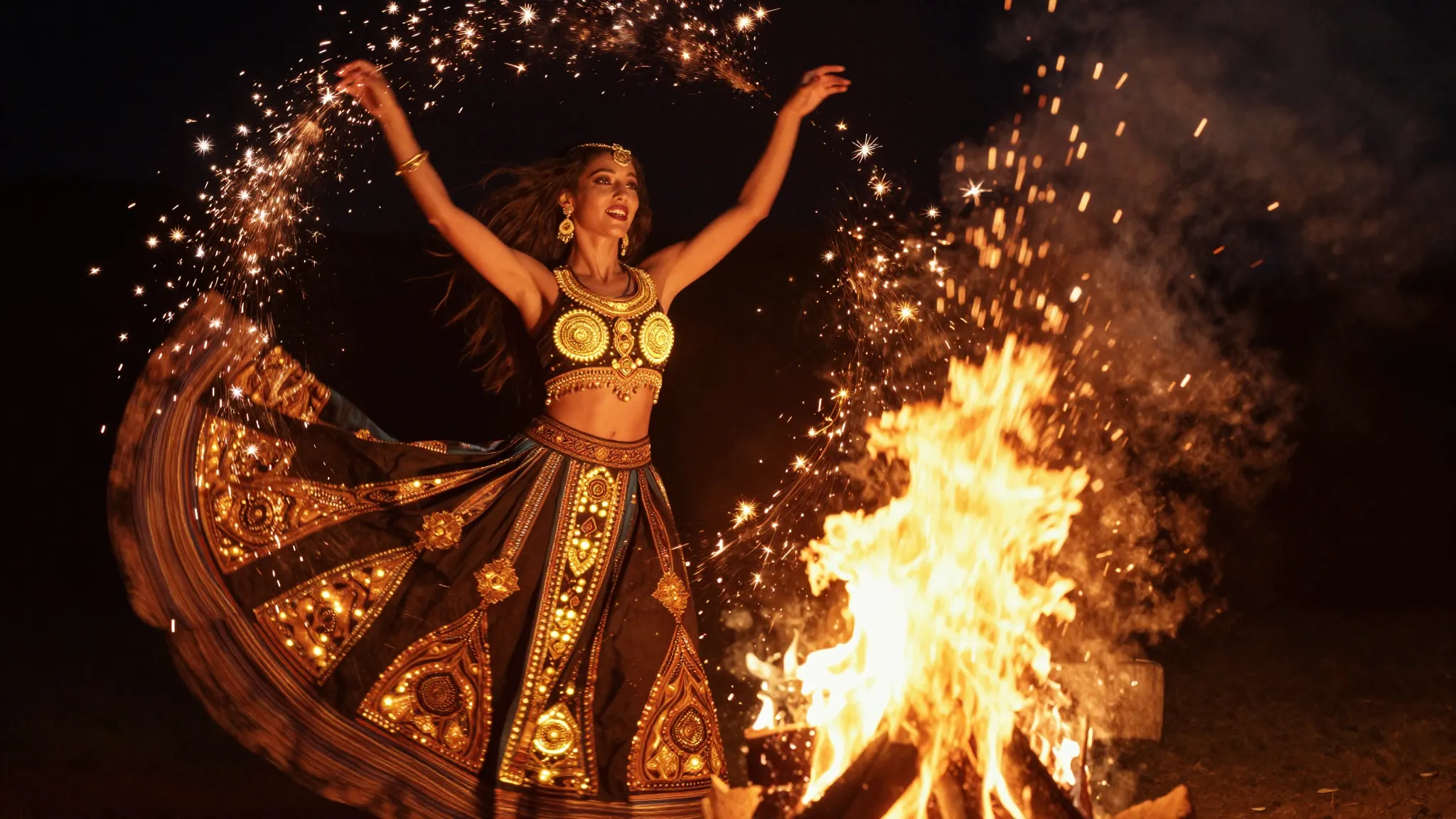 A powerful woman in ethnic clothing with glowing golden patt...