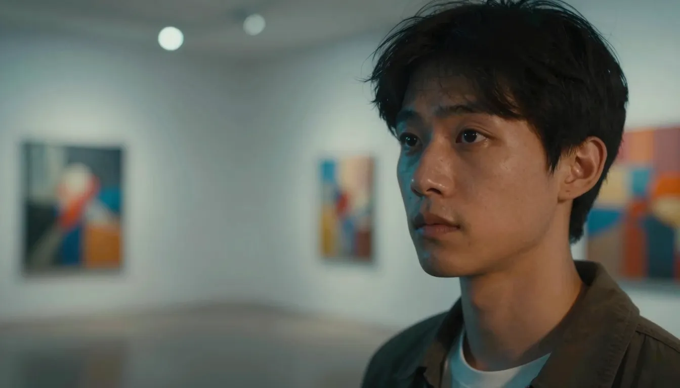 A cinematic portrait of a person in a modern art gallery, cr...