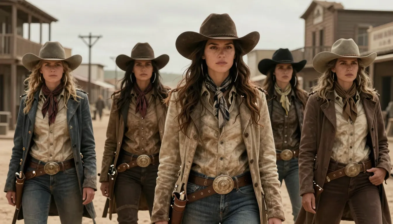 Cinematic shot of brave women outlaws in duster coats and co...