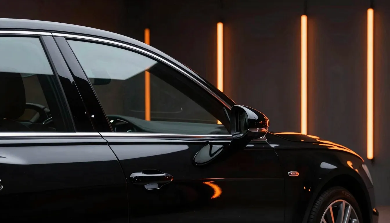 Side window design: A black Audi car in a dark room, illumin...
