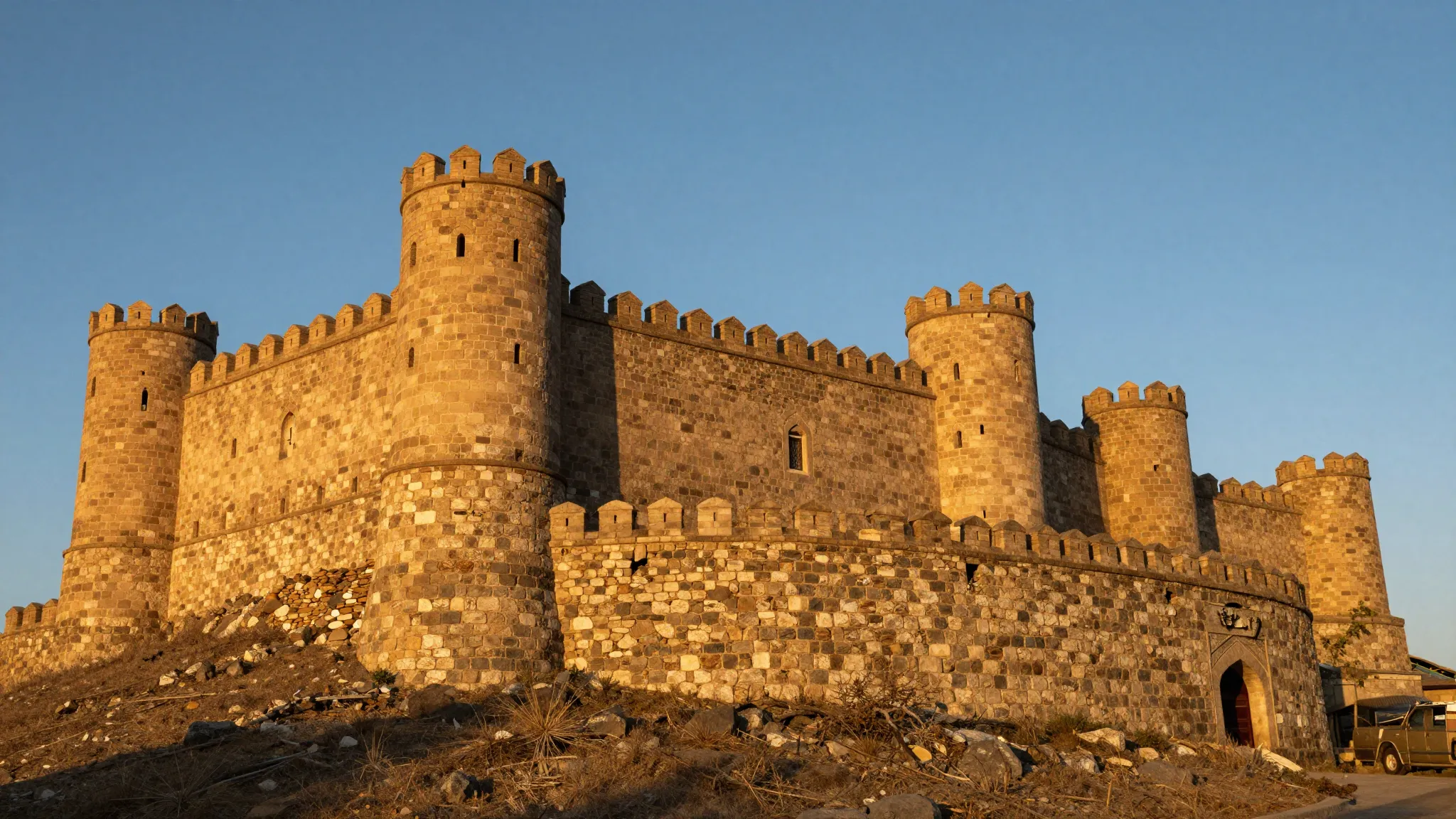 Ancient stone fortress Naryn-Kala in Derbent at sunset, hist...