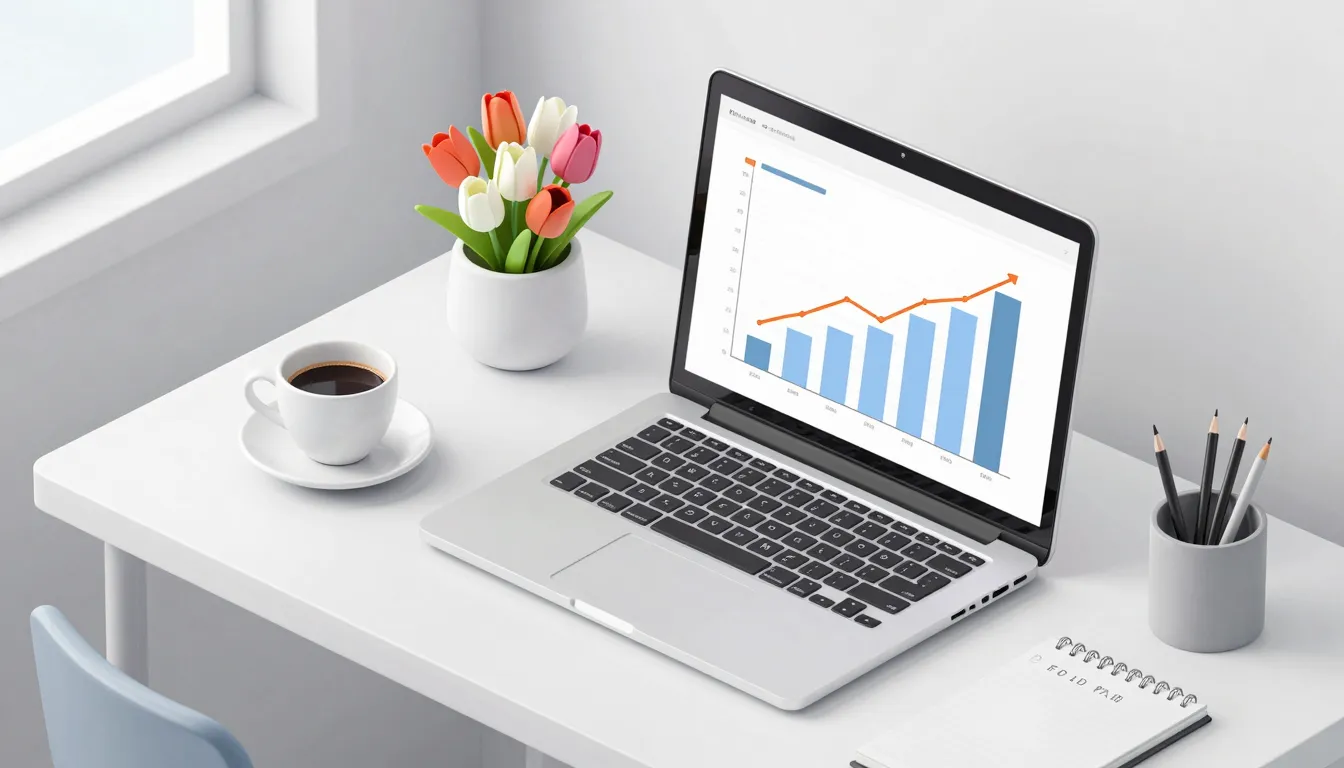 A stylish 3D isometric office setup with a laptop showing gr...