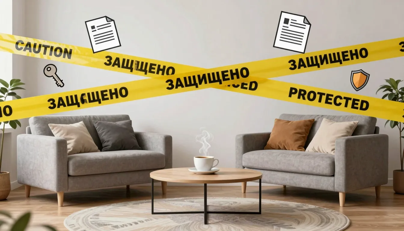 A humorous caricature of a cozy, stylish living room. A stea...