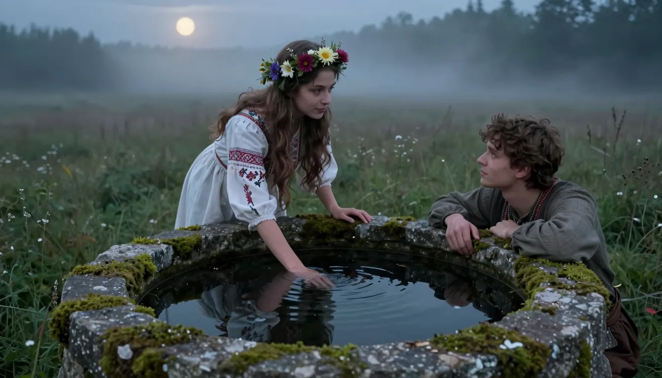 A beautiful Slavic girl with a flower crown leaning over a d...
