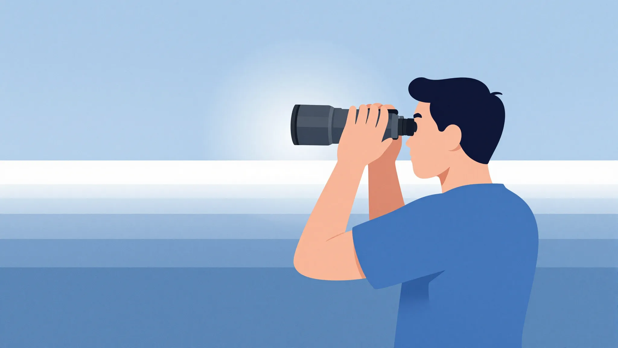A person looking through binoculars at a bright future horiz...