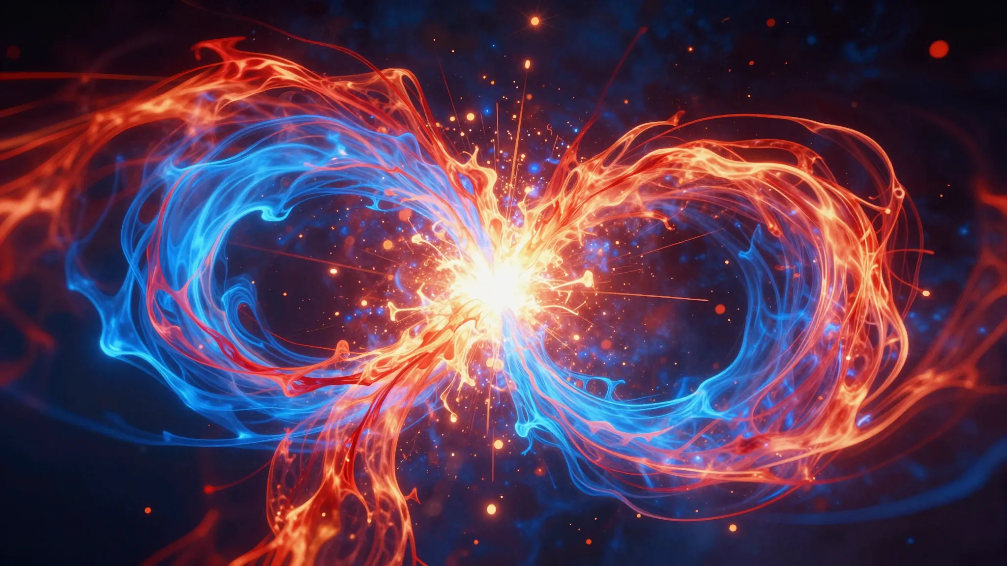 Abstract digital art, two flowing streams of vibrant energy,...