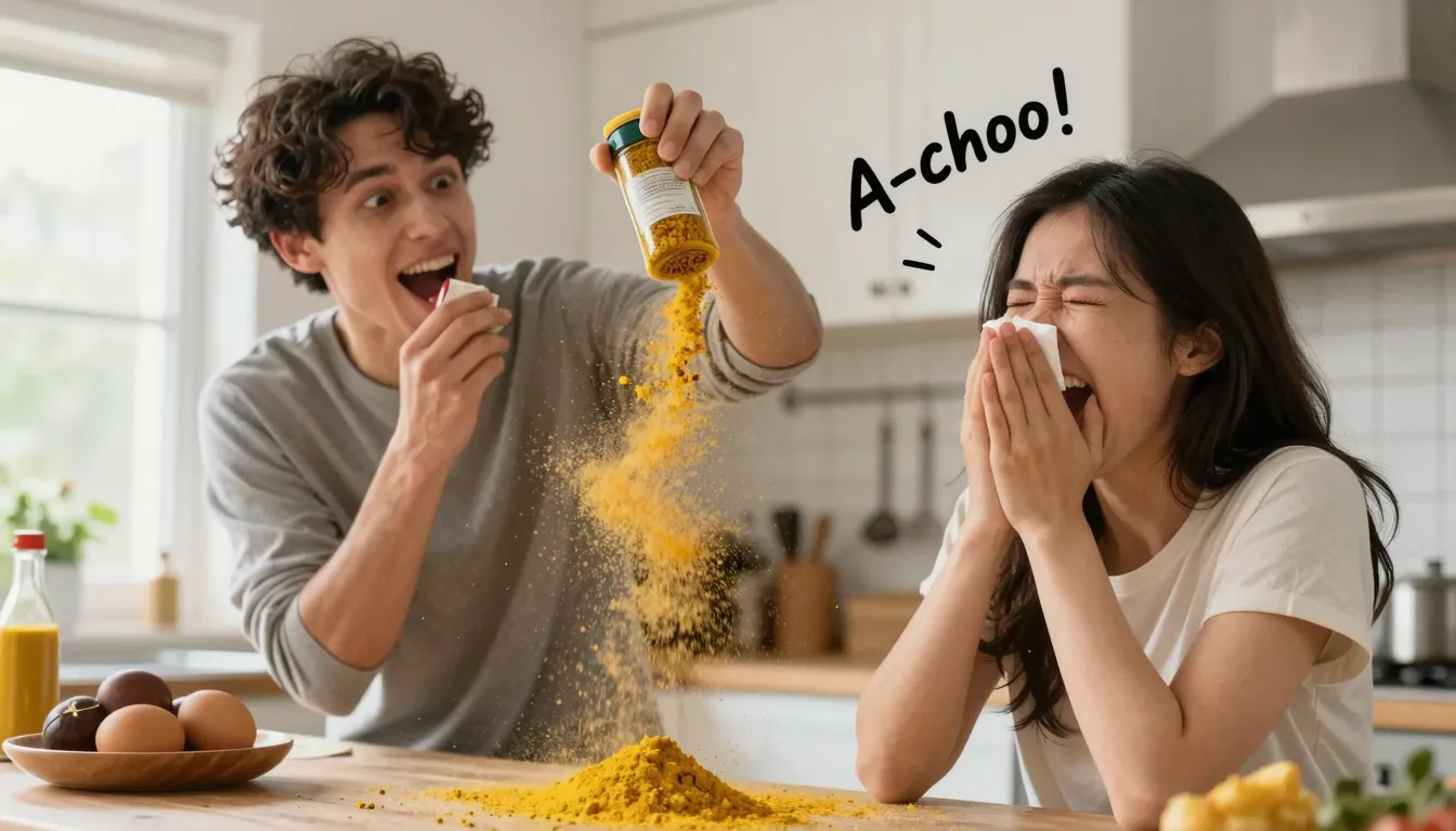 A funny scene in a kitchen, a person accidentally shaking a ...
