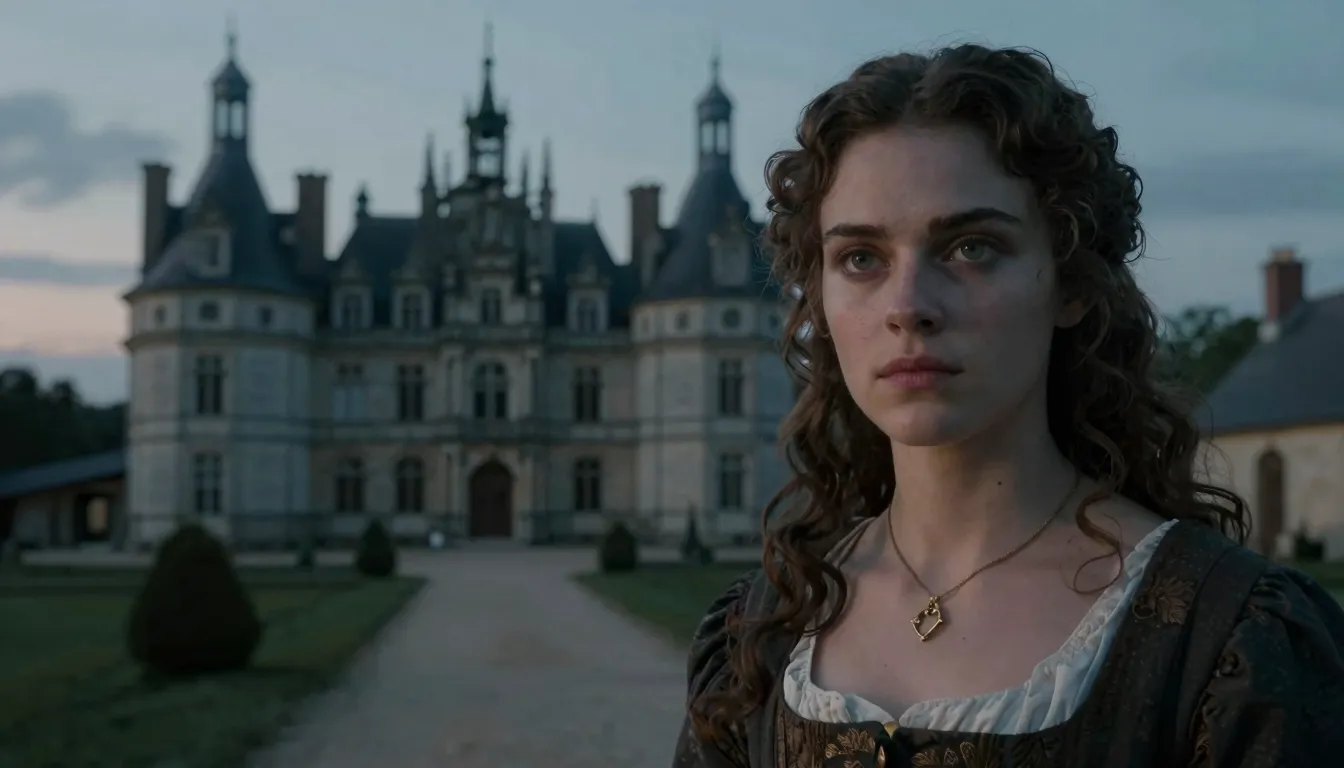 A cinematic shot of a 17th-century French village at dusk, a...
