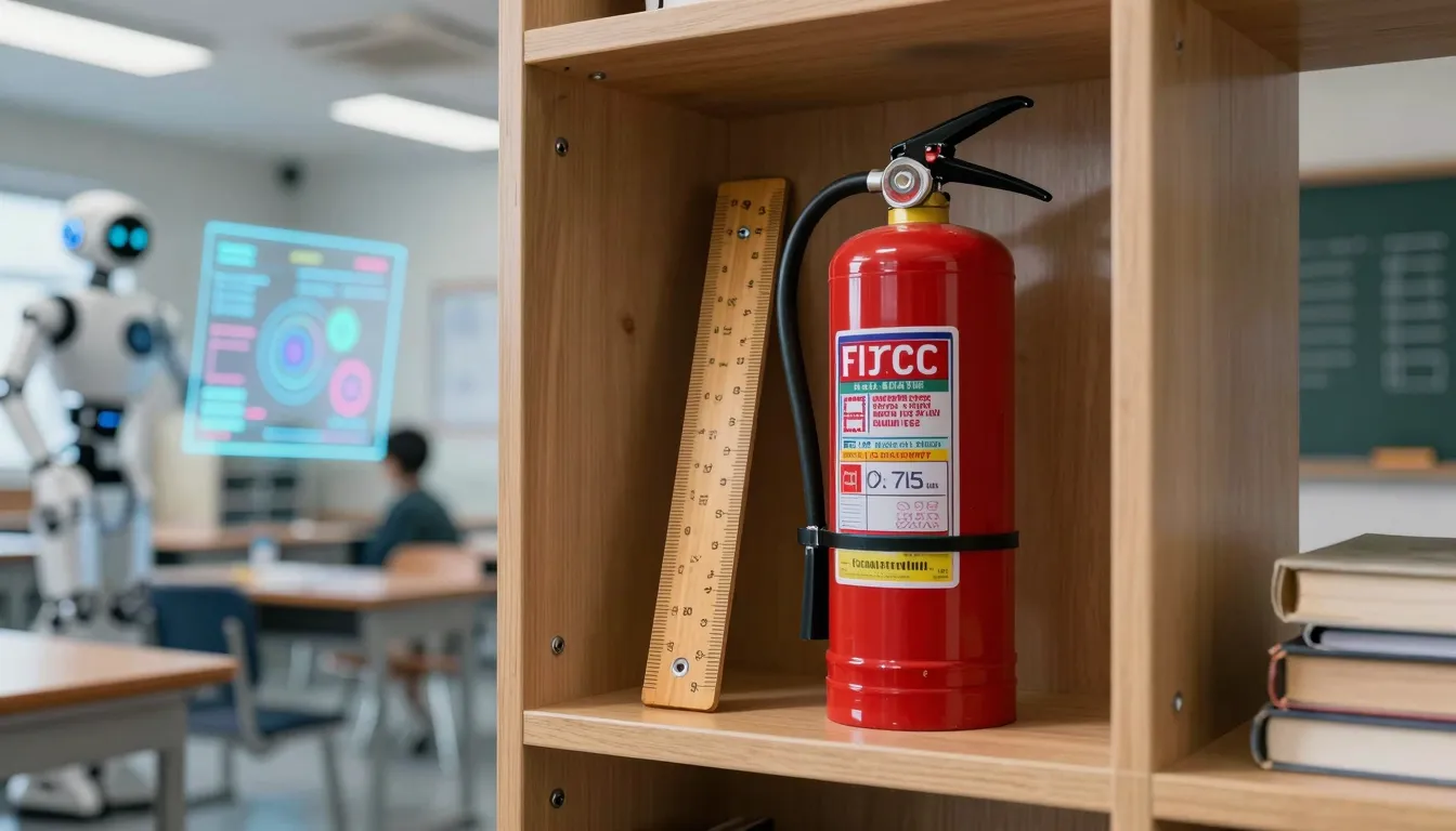 A futuristic high-tech school classroom in 2074 with hologra...