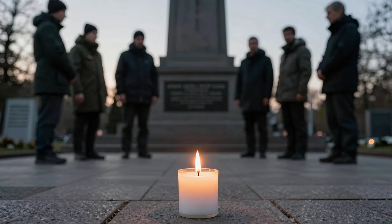 A burning memorial candle in the foreground, blurred backgro...