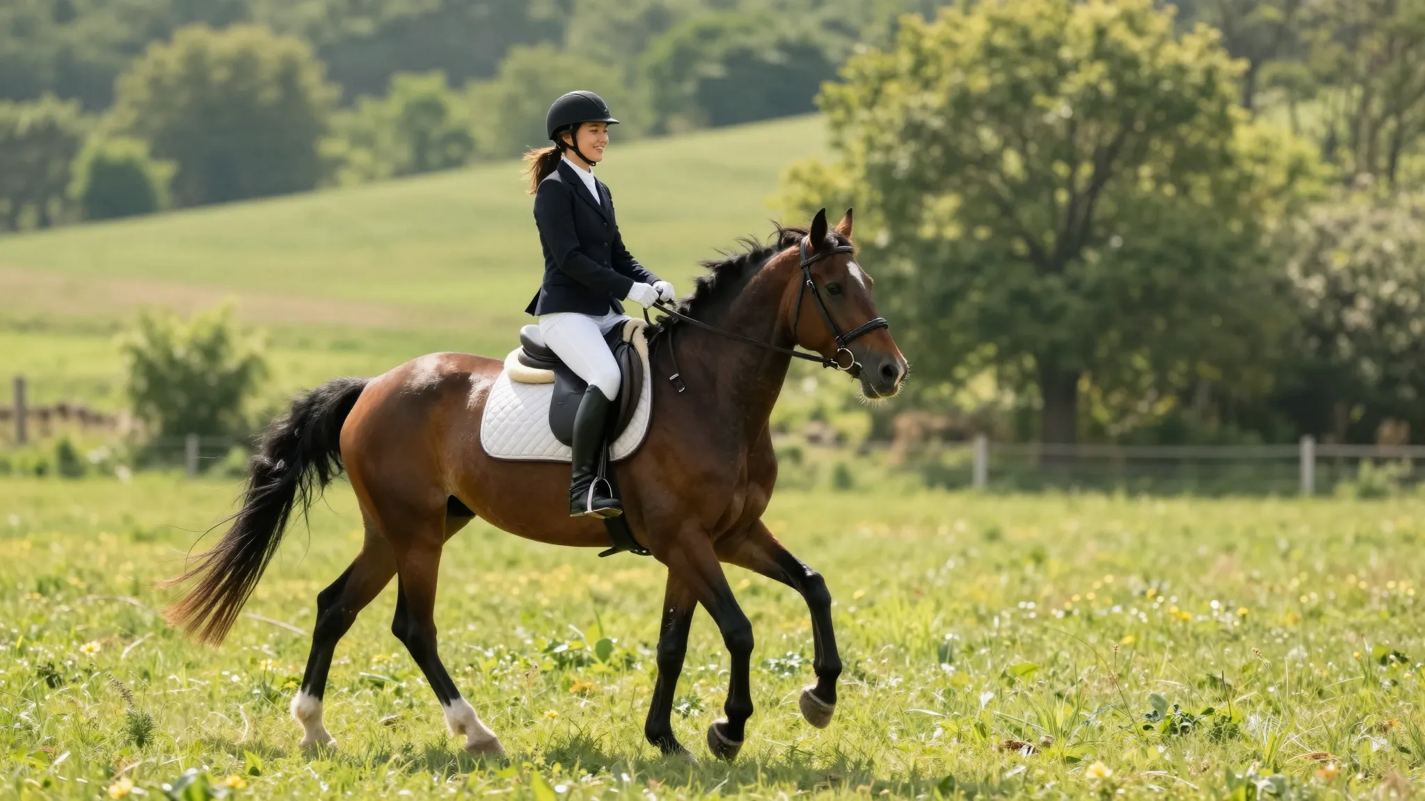 A person gracefully riding a horse through a beautiful, sunl...