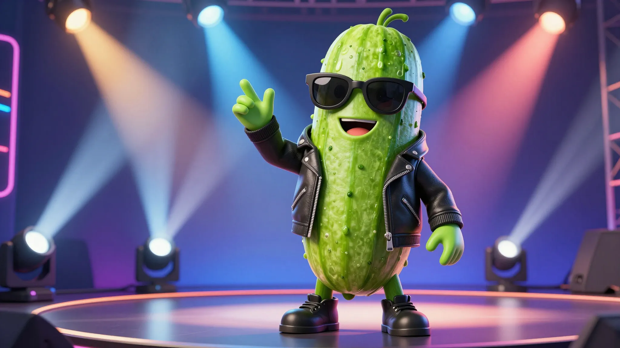 A stylish green cucumber character in a leather jacket and s...