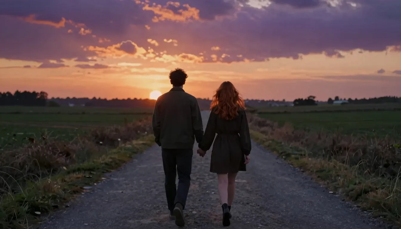 Rear view of a man and a woman with copper hair holding hand...